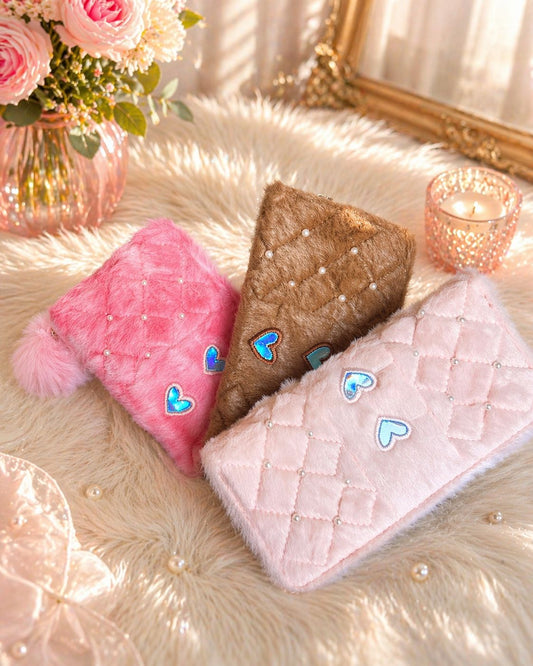 Trendy Fur Quilted Wallet for Women with Pom Pom ( Pack of 3) | Stylish Soft Clutch | Cute Heart Design