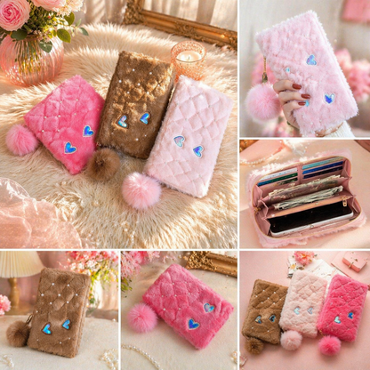 Trendy Fur Quilted Wallet for Women with Pom Pom ( Pack of 3) | Stylish Soft Clutch | Cute Heart Design