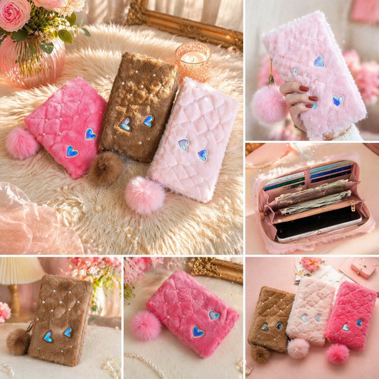 Trendy Fur Quilted Wallet for Women with Pom Pom ( Pack of 3) | Stylish Soft Clutch | Cute Heart Design