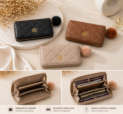 hree quilted wallets in black, brown, and beige on a light background with decorative elements.